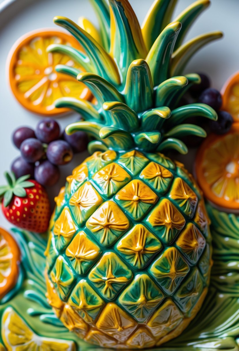 Close-up of a ceramic plate painted with a colorful pineapple and other fruits, showing detailed textures and vibrant colors.