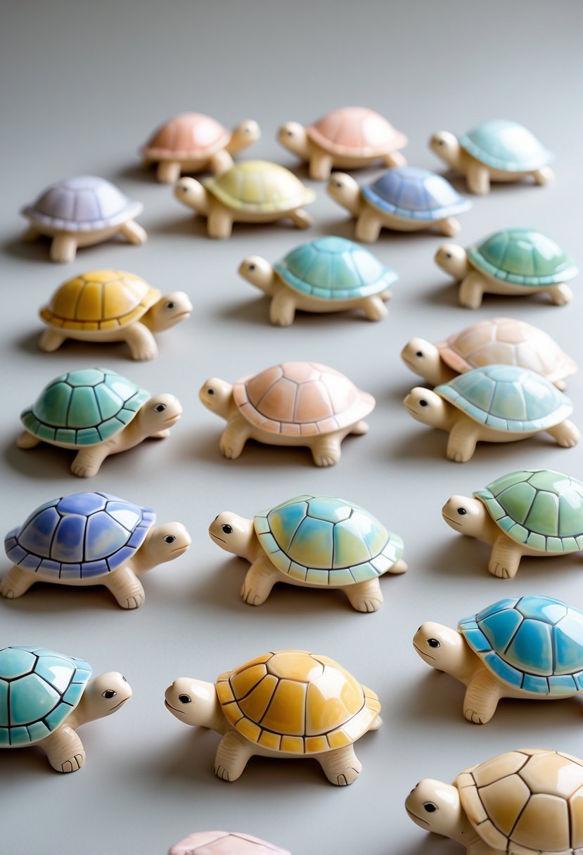 A group of small ceramic turtles painted in soft pastel colors arranged on a plain background.