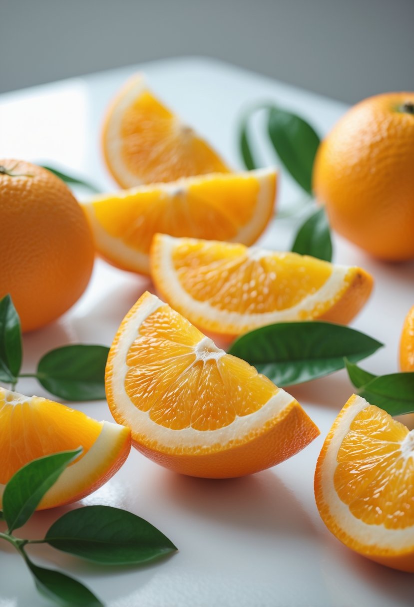Fresh orange wedges arranged with green leaves on a white surface.