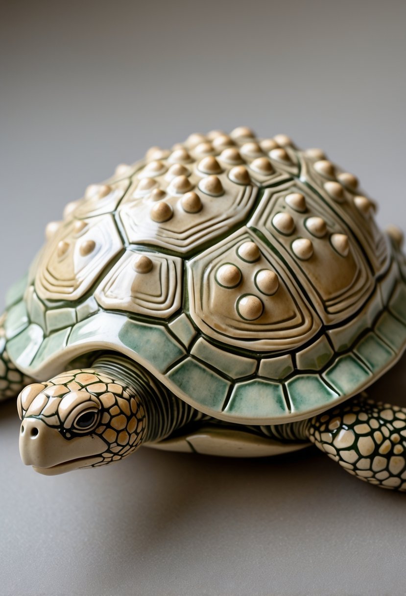 Close-up of a ceramic turtle with a textured shell covered in raised dots, displayed on a plain background.