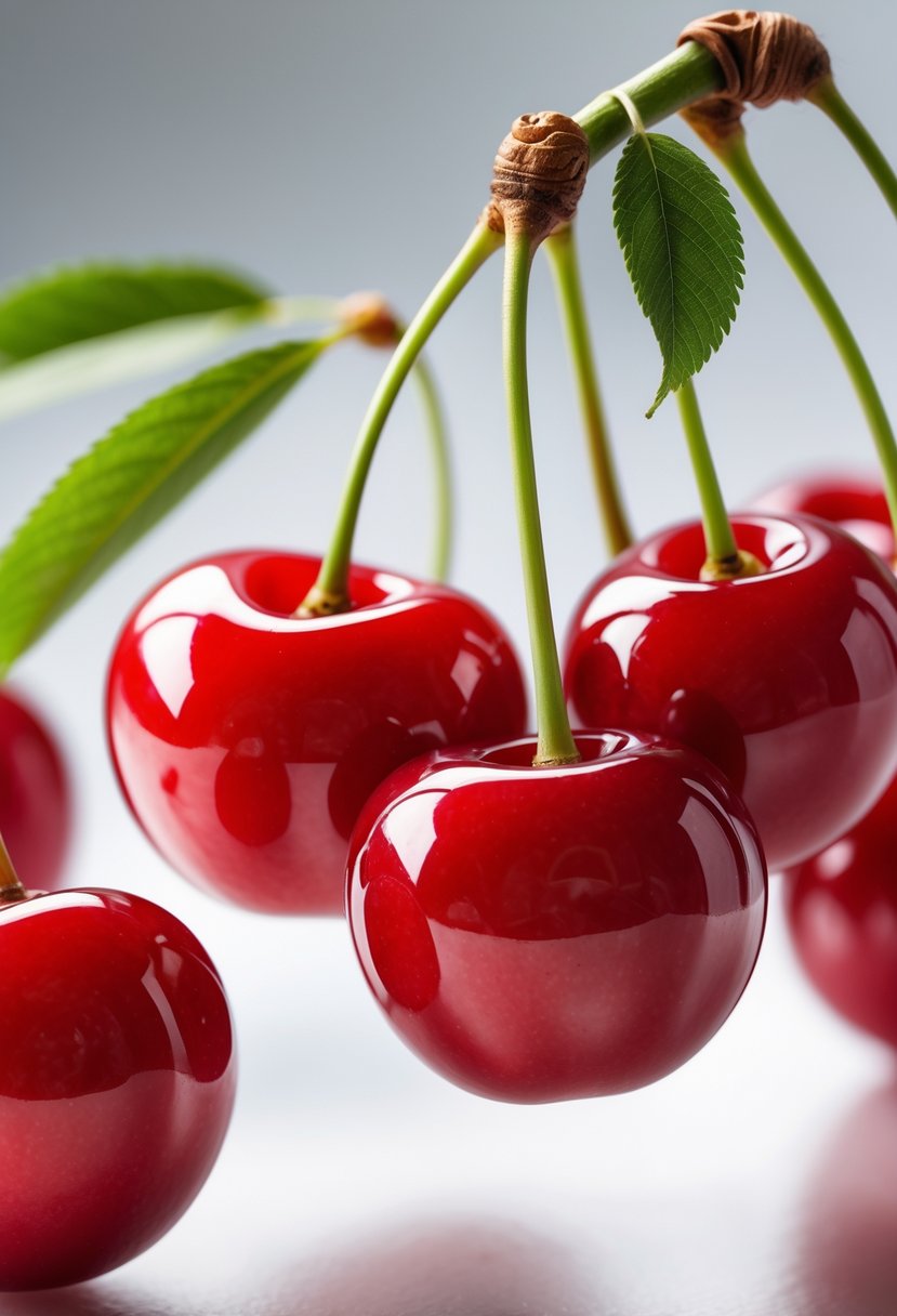 A close-up of a cluster of ripe red cherries with green stems and leaves.