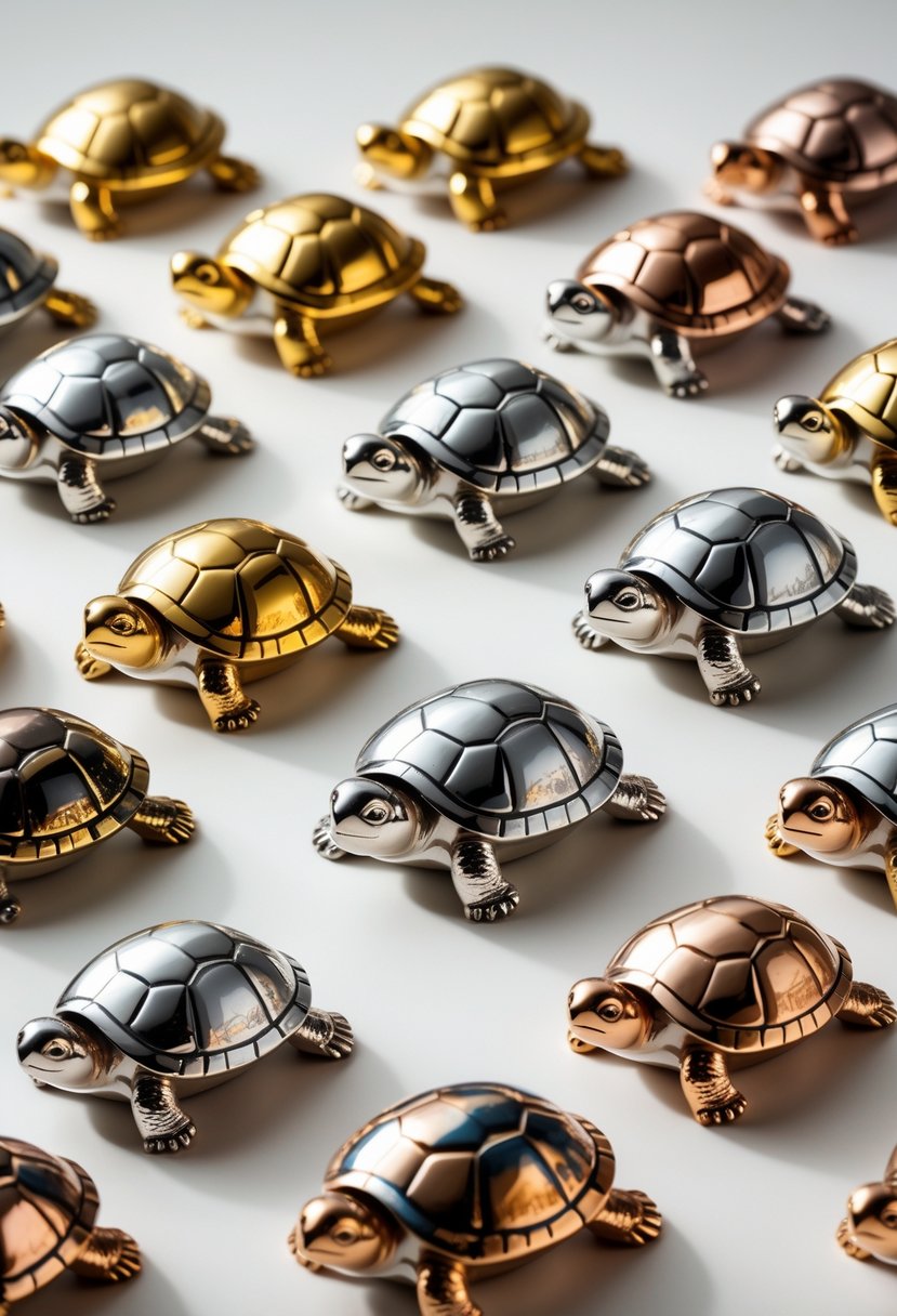 A group of small ceramic turtles painted with shiny metallic geometric patterns arranged on a plain background.