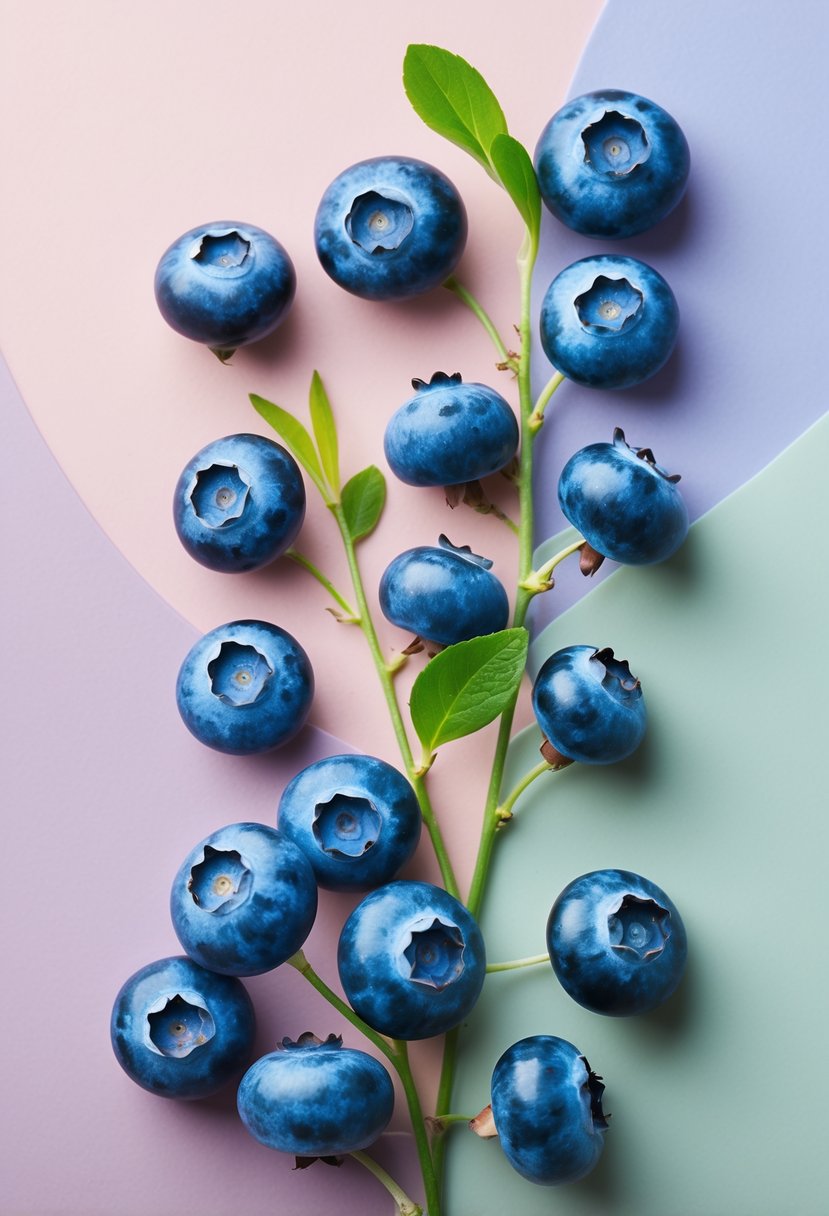 Several blueberry sprigs with green leaves arranged on a soft pastel-colored background.