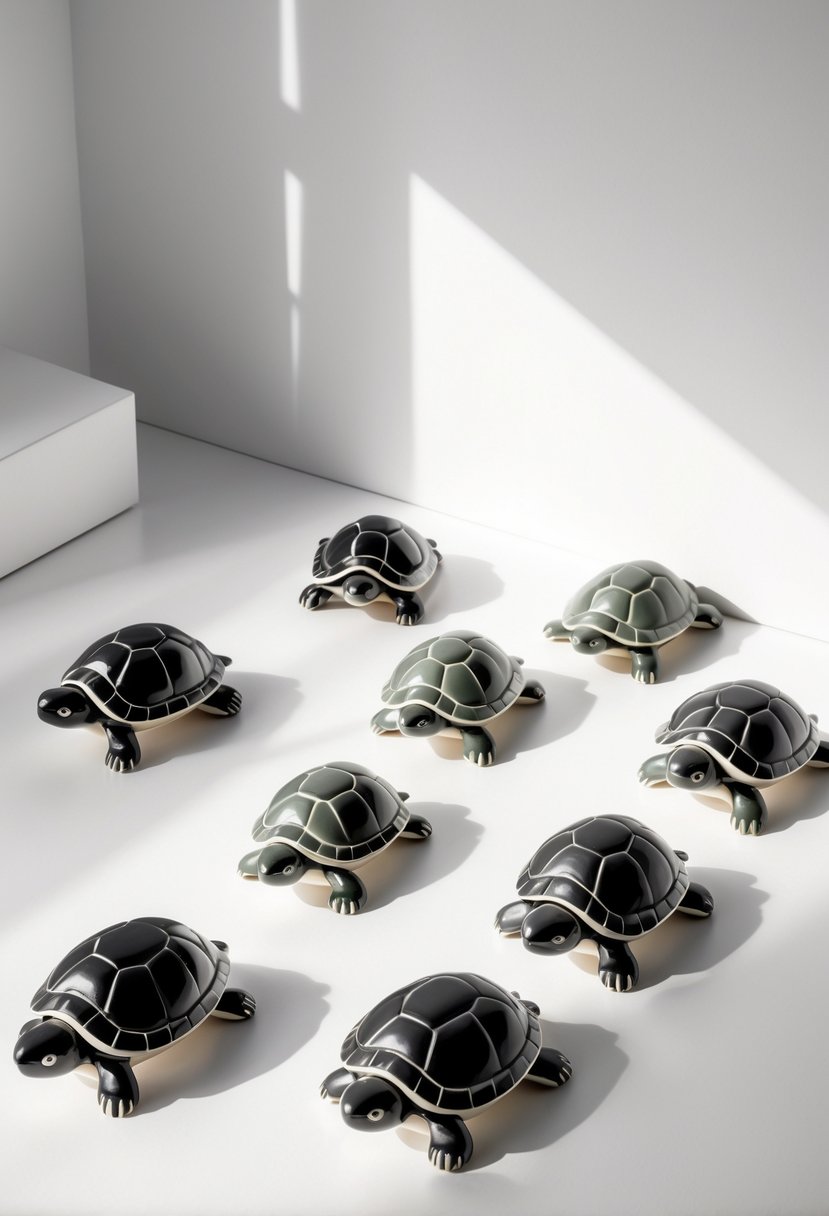 A collection of 15 ceramic turtle figurines arranged neatly on a white surface.