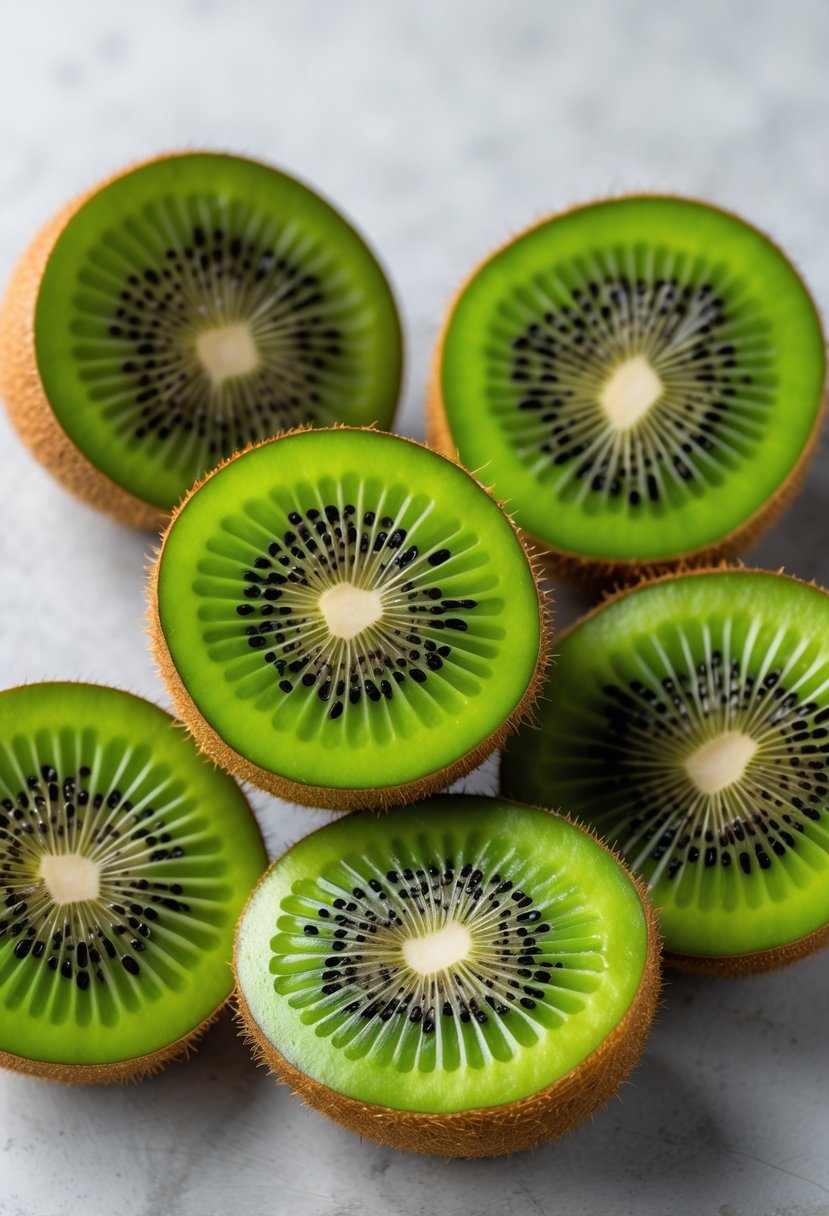 Several kiwi fruit halves showing green flesh and black seeds arranged on a plain background.