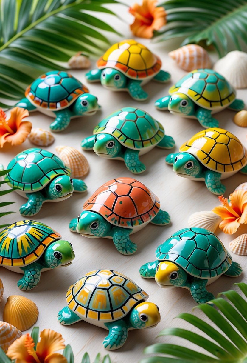 A collection of colorful hand-painted ceramic turtles arranged on a wooden surface with tropical leaves and flowers around them.