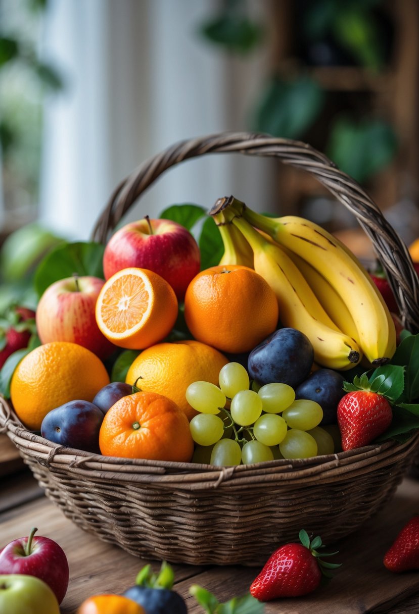 A basket filled with a variety of colorful fresh fruits on a wooden table.