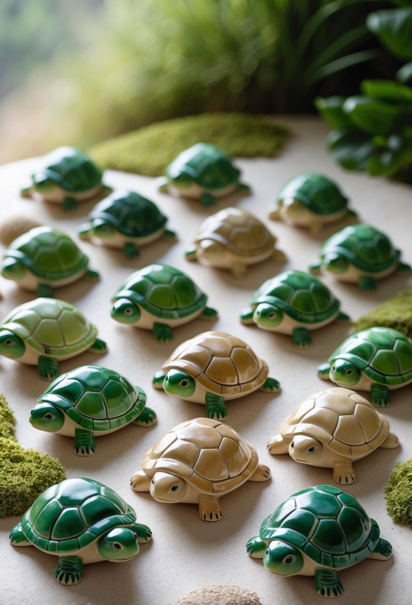 A collection of small ceramic turtles painted in green and beige tones arranged on a surface with moss and sand textures.