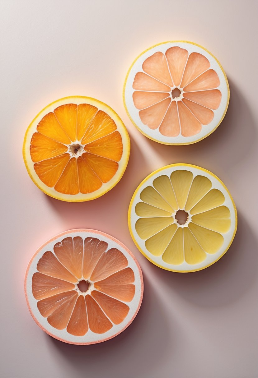 Three citrus fruit slices—orange, lemon, and grapefruit—arranged side by side on a light pastel background.