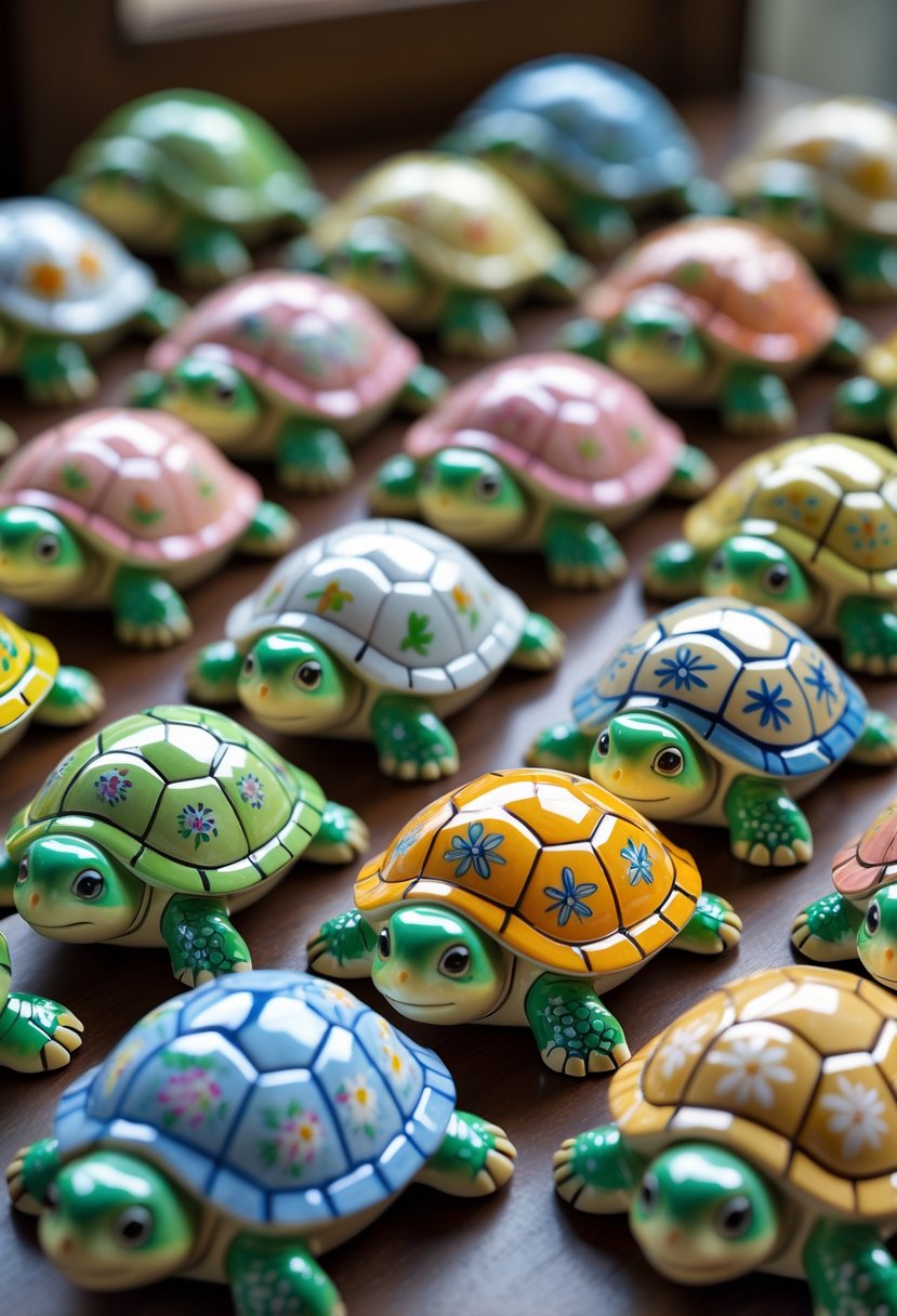 A group of small hand-painted ceramic turtles with colorful designs displayed on a wooden surface.