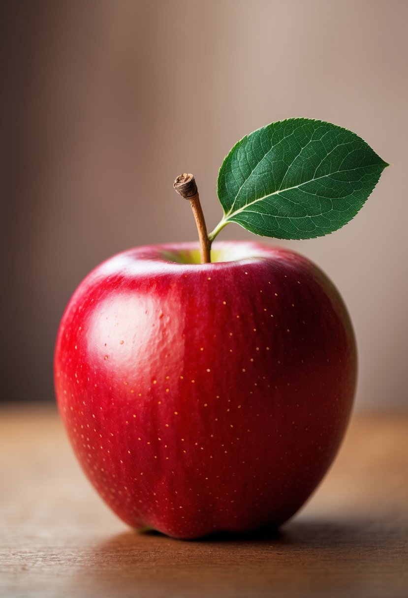 A close-up of a single red apple with a green leaf and brown stem.