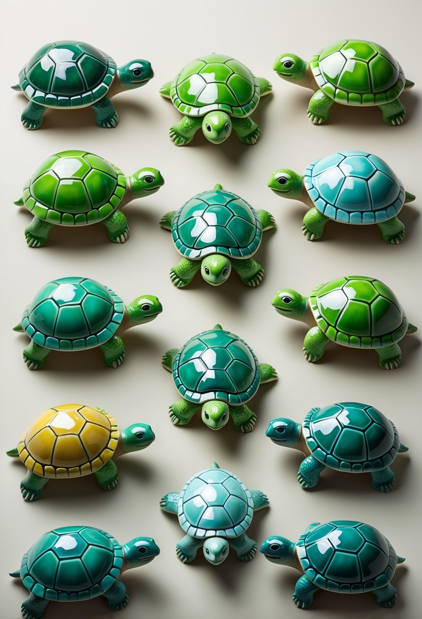 A group of 15 ceramic turtles painted in shades of green arranged on a plain surface.
