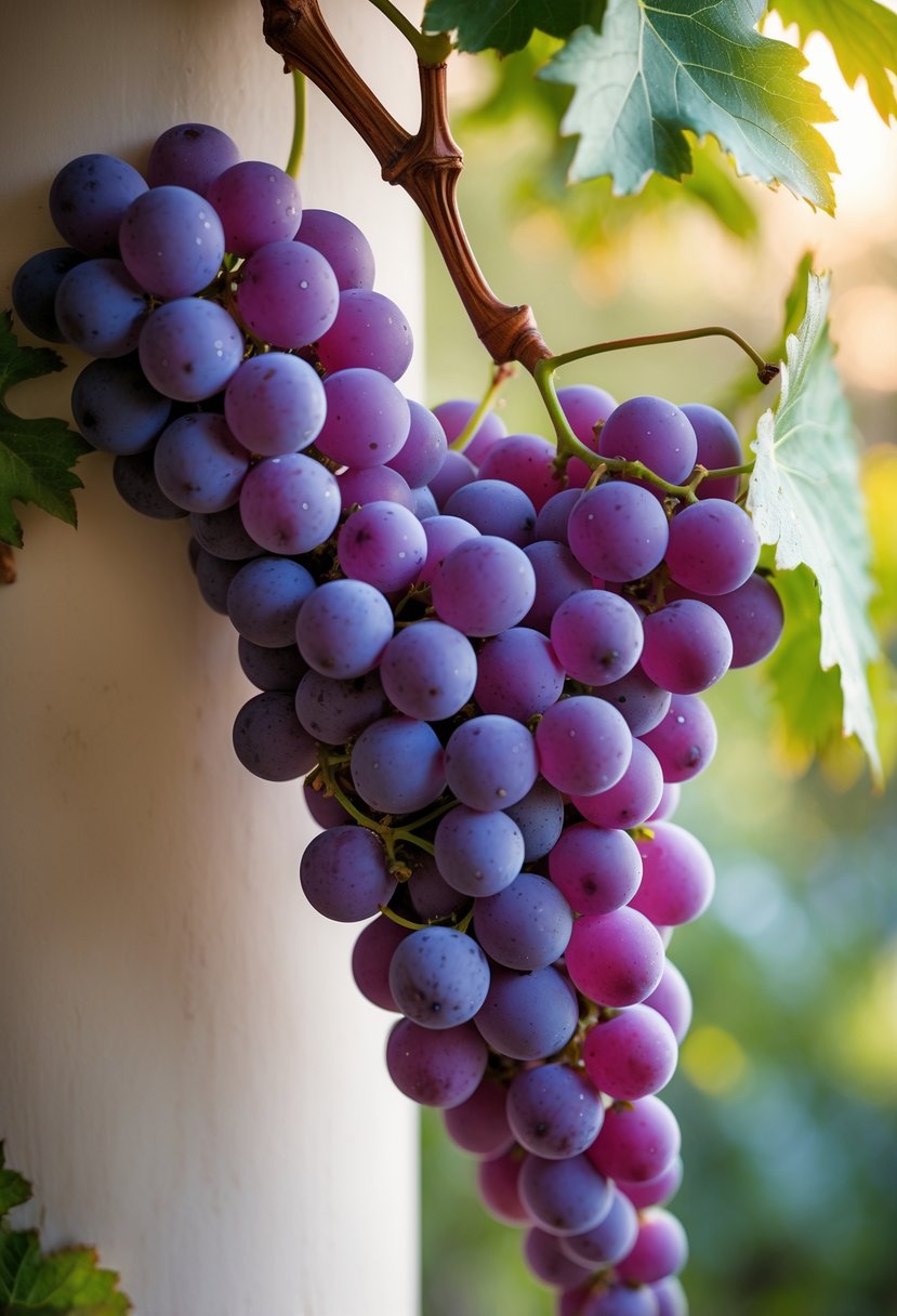 Close-up of a hand-painted grape vine with purple grapes on a ceramic surface.