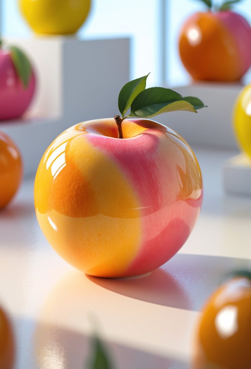 A colorful ceramic painting of a peach with gradient colors displayed on a white surface with other blurred fruit-themed ceramic artworks in the background.