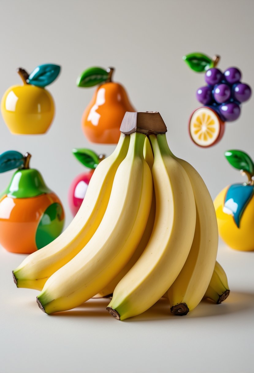 A bunch of bananas with smooth curves placed alongside colorful ceramic fruit paintings on a neutral background.