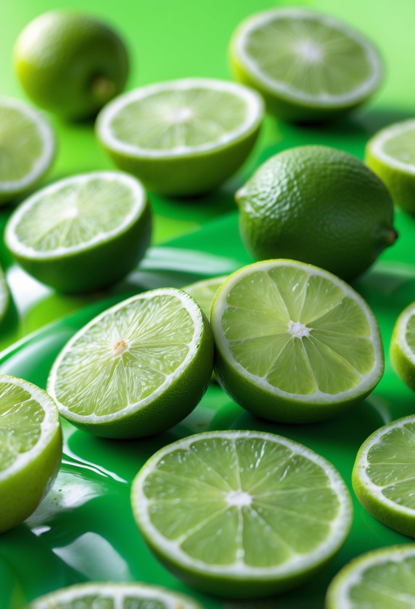 Fresh lime slices arranged on a bright green surface.