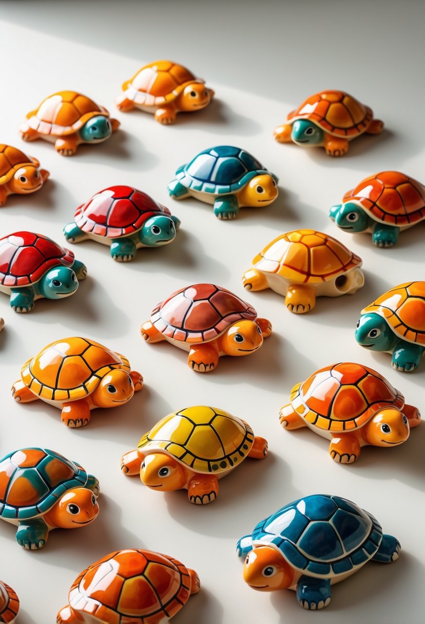 A group of small ceramic turtles painted in warm colors with abstract swirl and dot patterns arranged on a neutral background.
