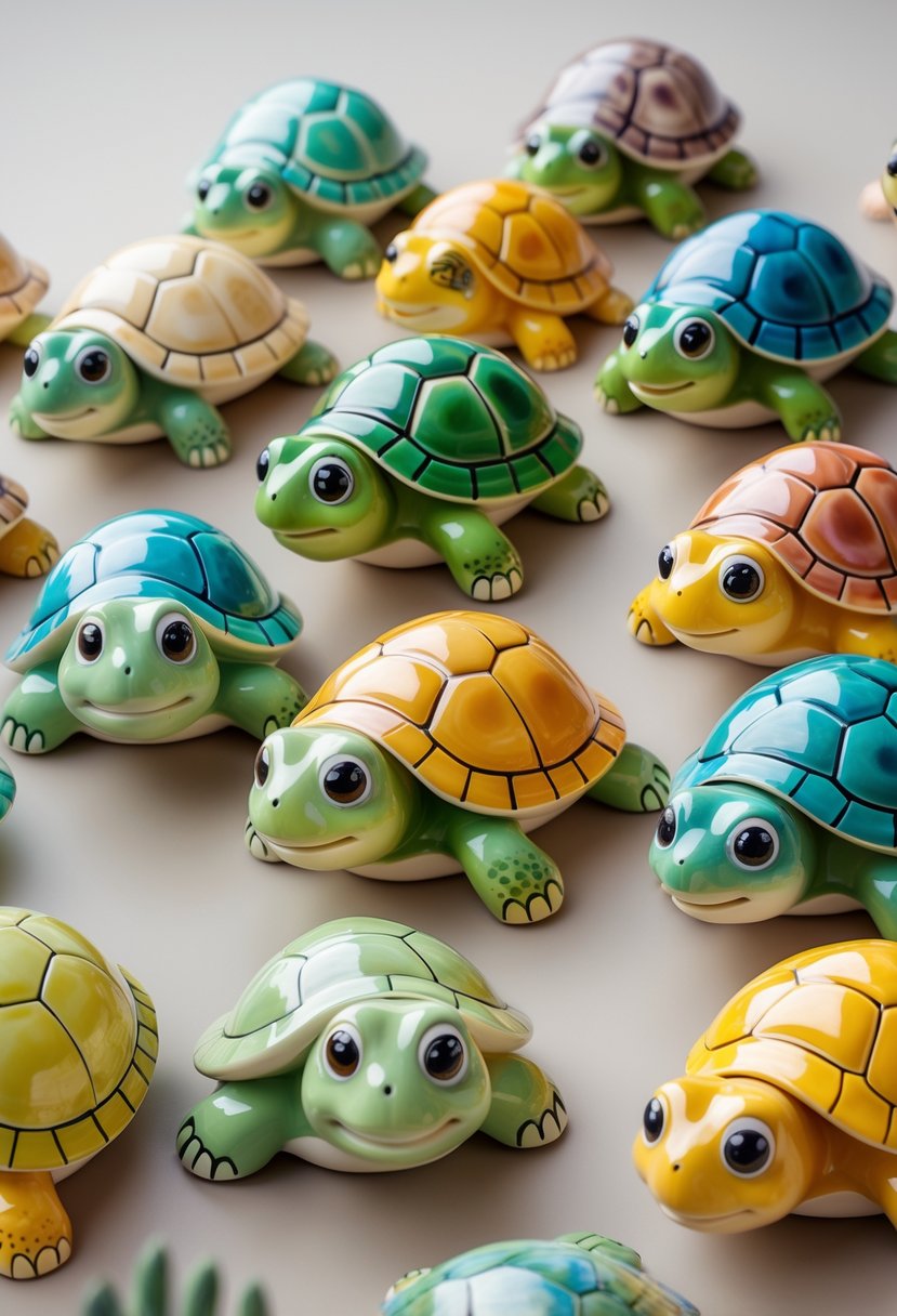 A group of 15 colorful ceramic turtles with big eyes arranged on a plain background.
