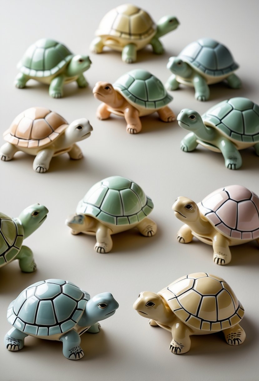 A collection of 15 small ceramic turtle figurines with different painted designs displayed on a neutral surface.