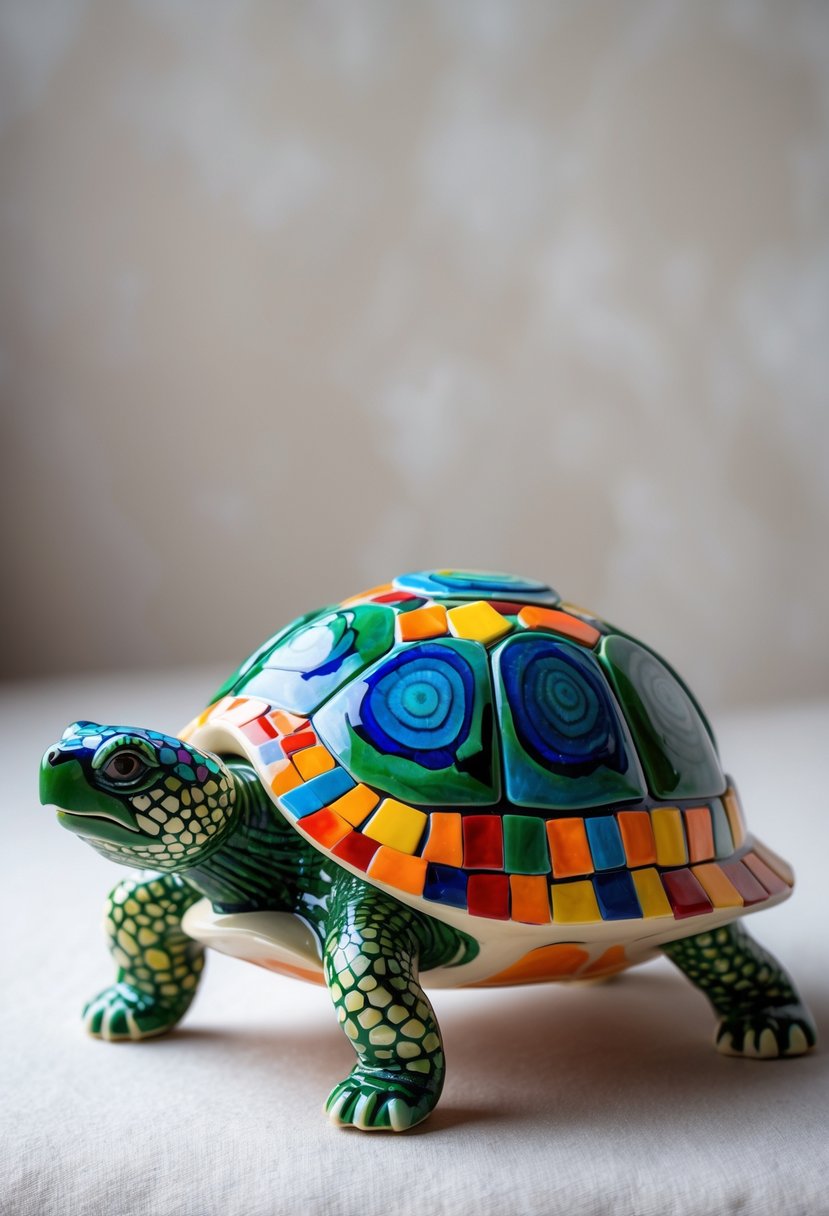 A ceramic turtle with a colorful mosaic shell sitting on a plain surface.