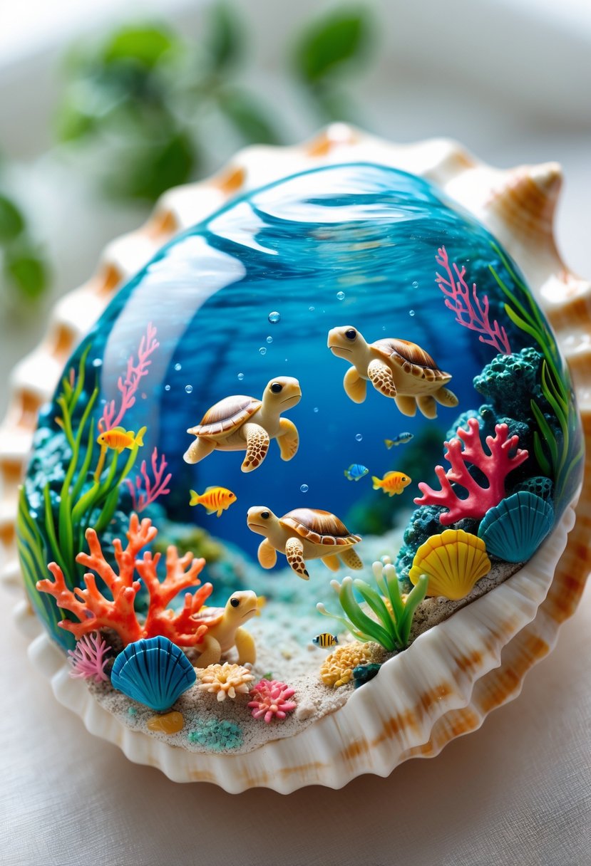 A seashell painted with an underwater scene showing turtles swimming among coral and sea plants.