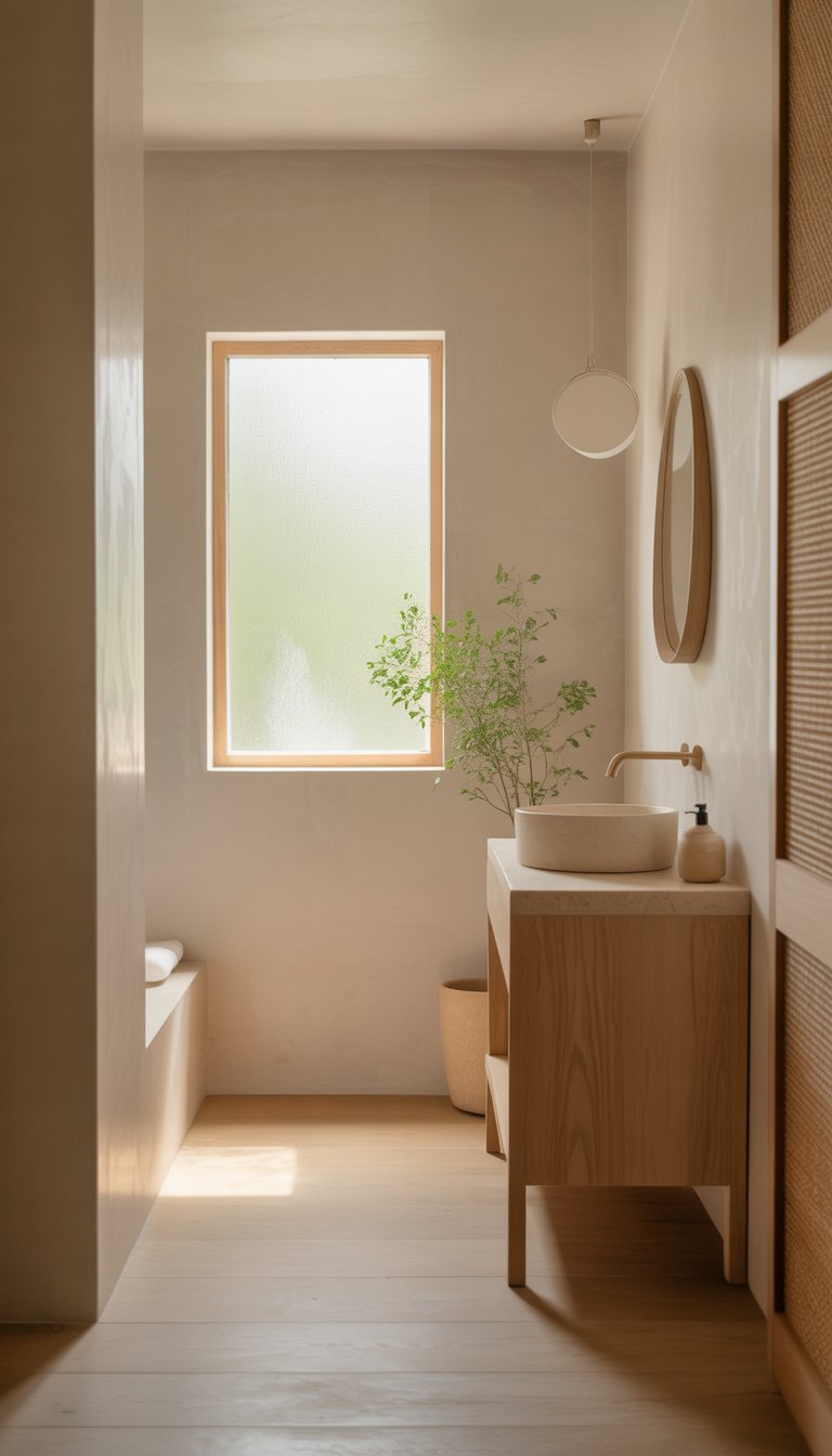 A bright bathroom with a wooden vanity, white sink, round mirror, and a small green plant on the counter.