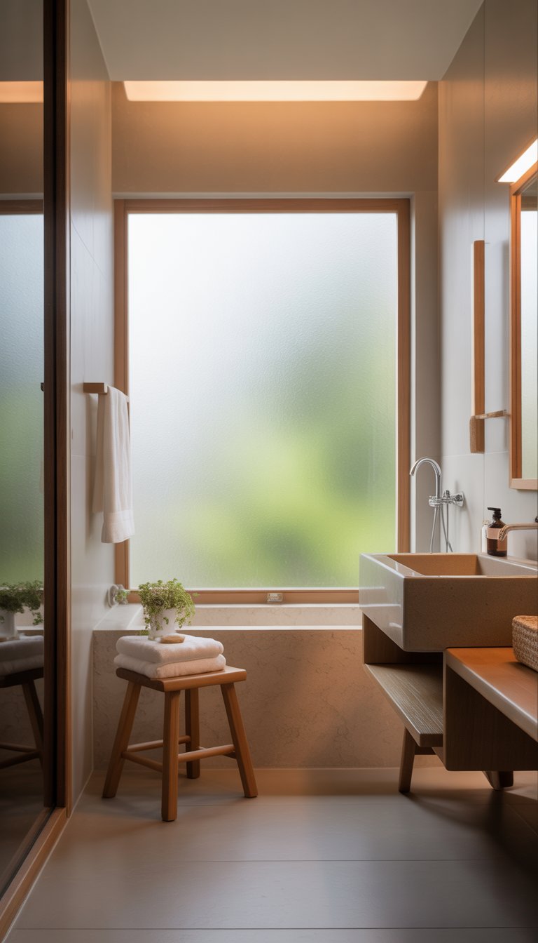 A bright bathroom with natural and artificial light, featuring wooden accents, white towels, and a small green plant on a stool.
