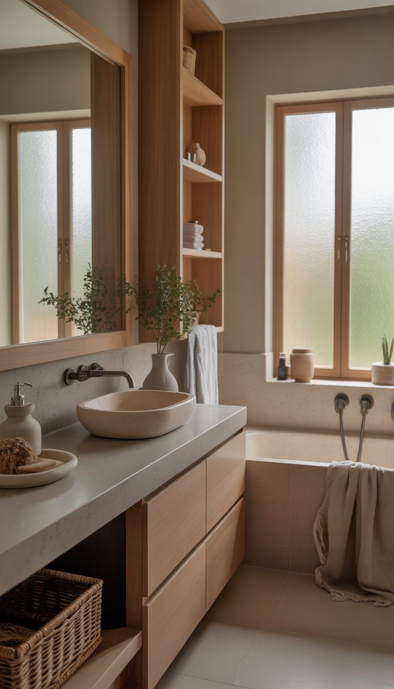 A minimalist bathroom with a freestanding bathtub, wooden cabinetry, stone countertops, and green plants, lit by soft natural light.