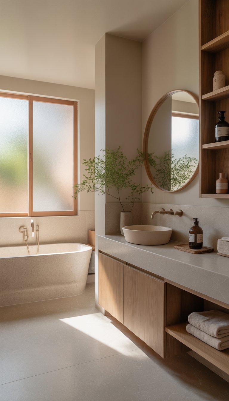 A calm bathroom with a freestanding bathtub, wooden cabinetry, a round mirror, and a small potted plant, all in soft neutral colors.