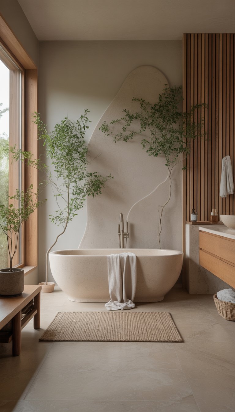 A bright bathroom with a freestanding bathtub, wooden accents, plants, and natural light creating a calm and balanced atmosphere.