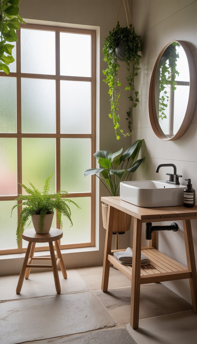 A bathroom with natural wood accents, green plants, a white sink, and a round mirror, bathed in soft natural light.