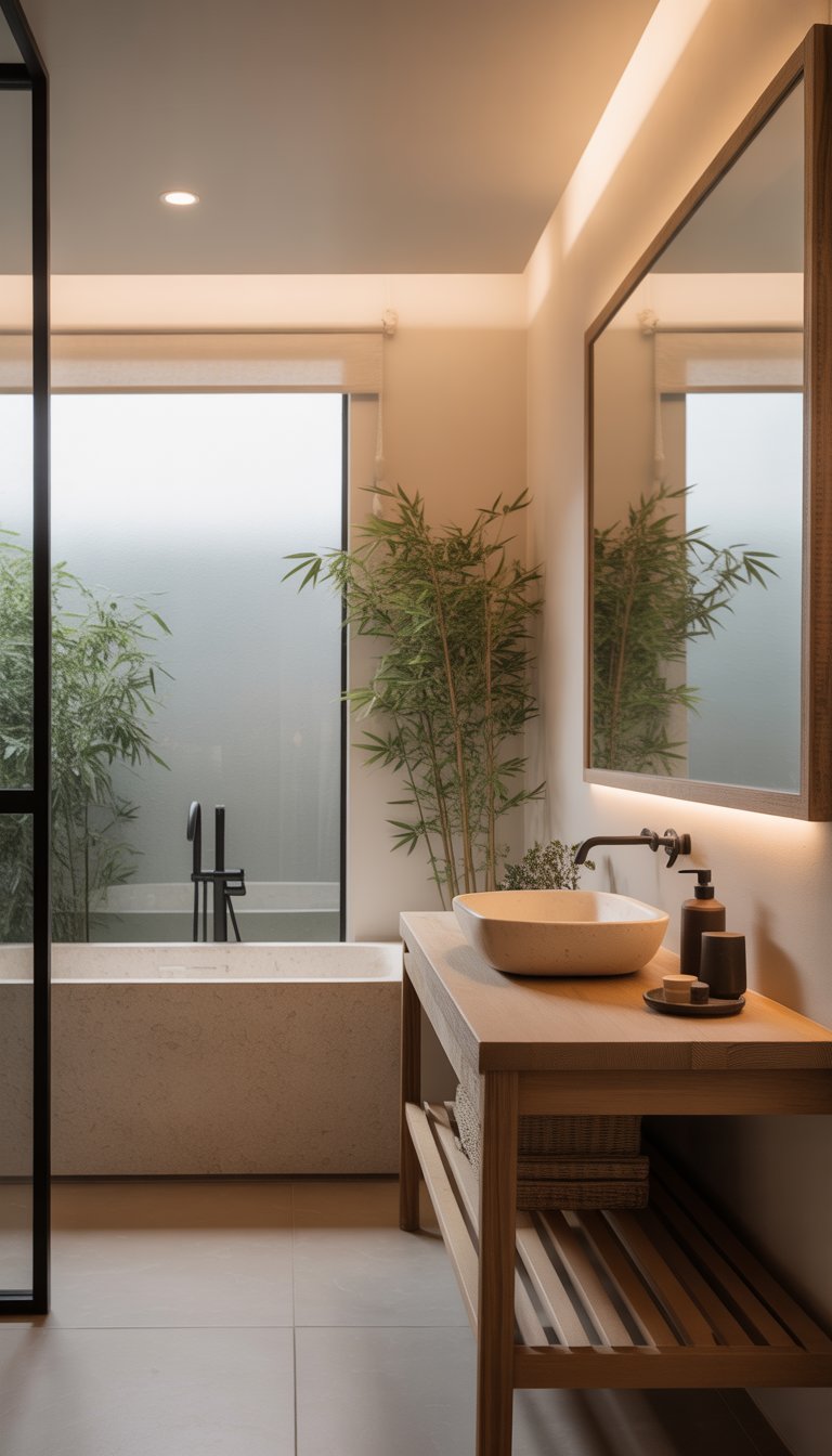 A bright bathroom with a freestanding bathtub, wooden vanity, and layered lighting creating a calm and inviting atmosphere.