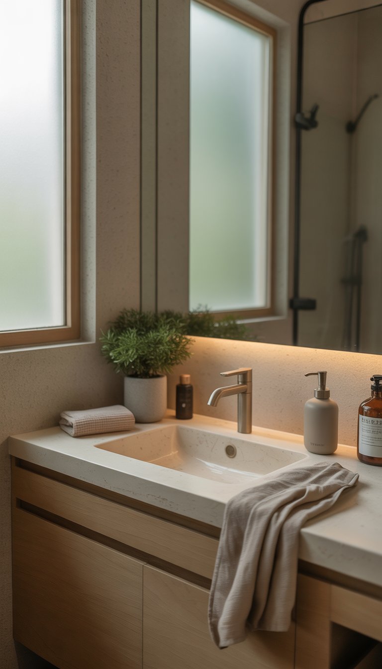 A calm bathroom with a wooden vanity, white sink, small green plant, folded towel, and soap dispenser, lit by natural light through a frosted window.