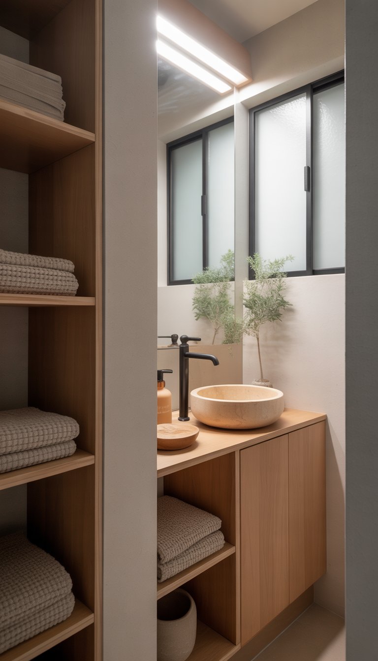 A small bathroom with light wood cabinetry, a round sink, black fixtures, a mirror, and a small potted plant, illuminated by natural light.