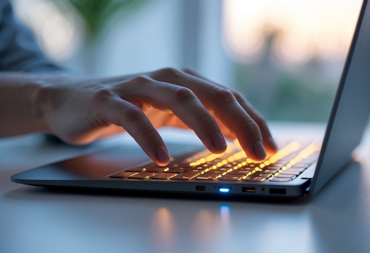 Close-up of a laptop keyboard with backlit keys and a hand hovering above it on a desk.