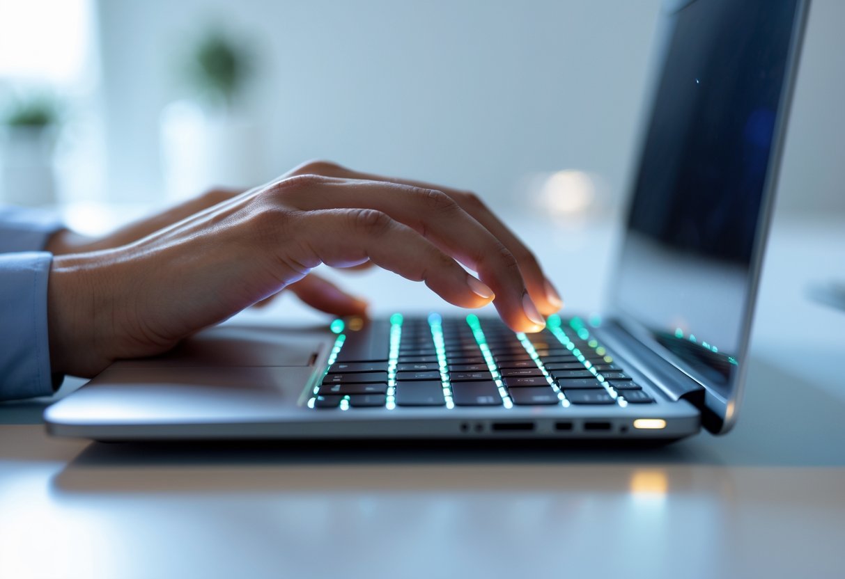 Close-up of a laptop keyboard with backlighting turned on and a hand pressing a key.