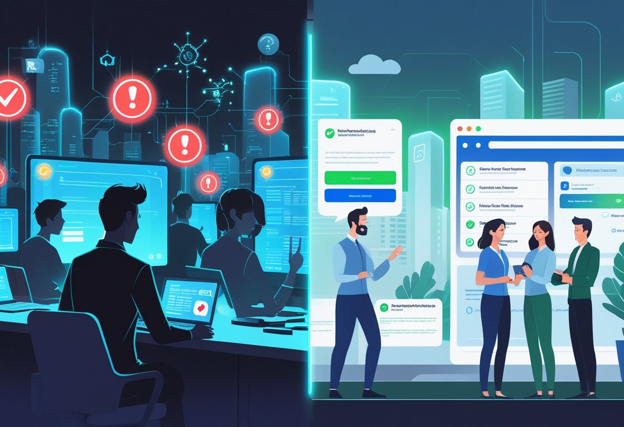 A split scene showing deceptive remote job scams with warning signs and frustrated people on one side, and verified legitimate remote job listings with confident professionals collaborating on the other side.
