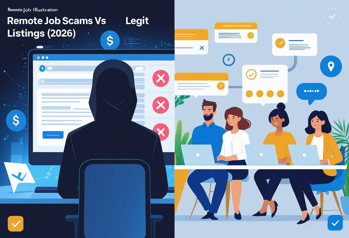 Side-by-side illustration showing a shady figure with warning signs on the left representing remote job scams, and a diverse group of happy professionals working in a bright home office on the right representing legitimate remote job listings.