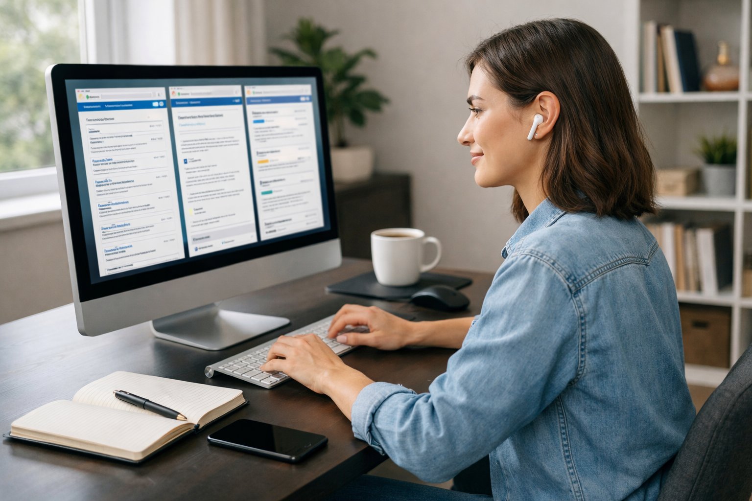A person working at a desk with a computer, notebook, and coffee in a bright home office.