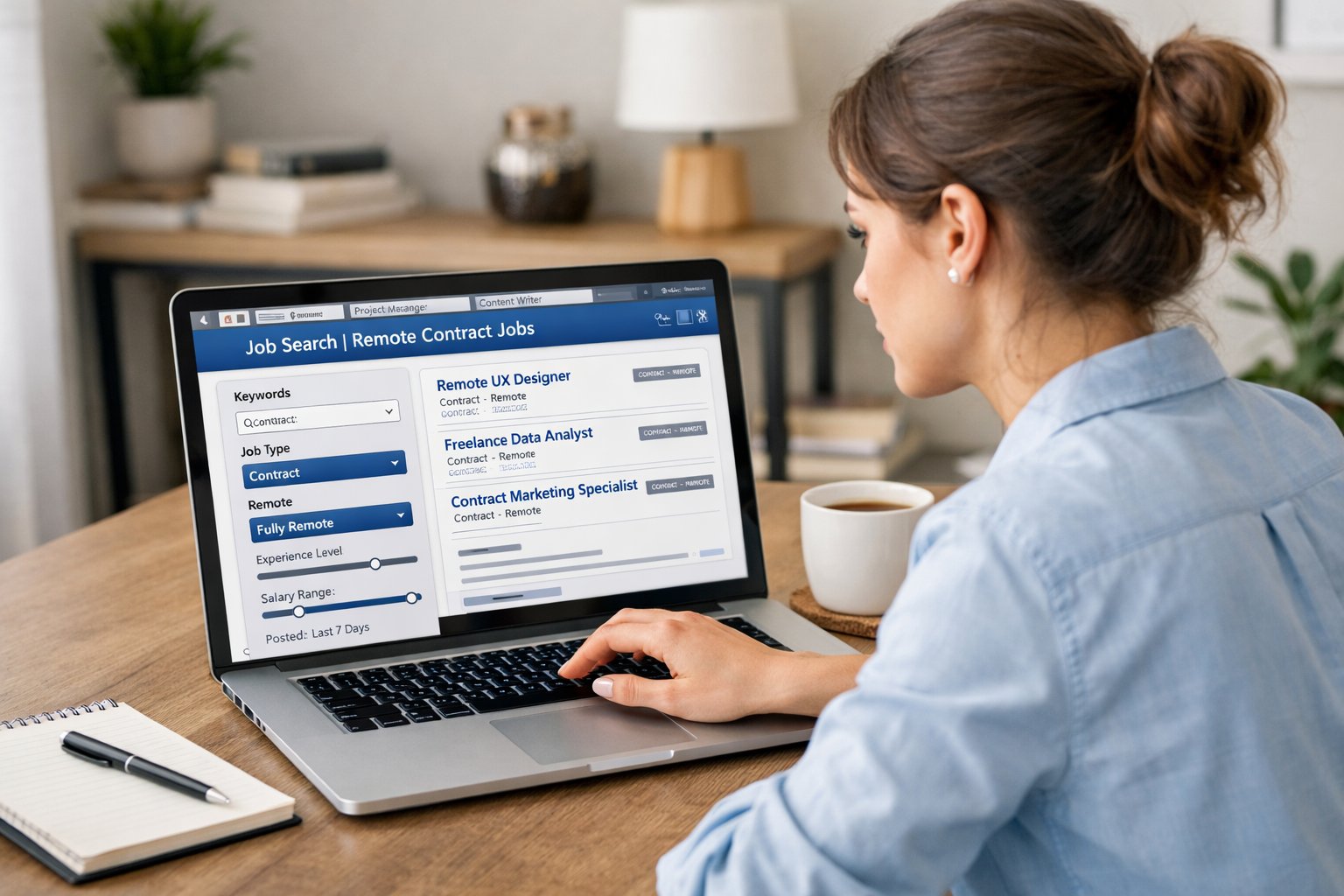 A young woman working on a laptop in a home office, setting filters on a job search website to find remote contract jobs.