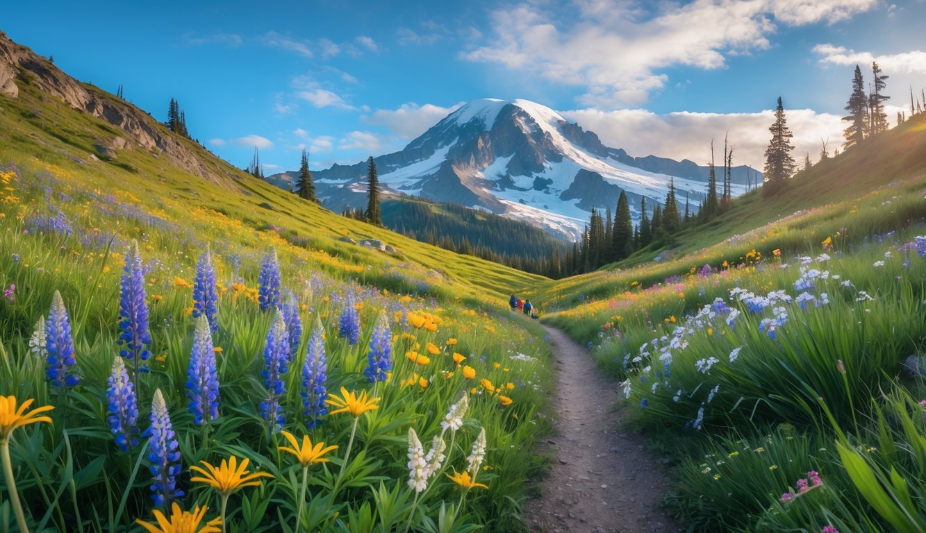 A wildflower meadow with colorful flowers and a hiking trail leading toward snow-capped Mount Rainier under a blue sky.