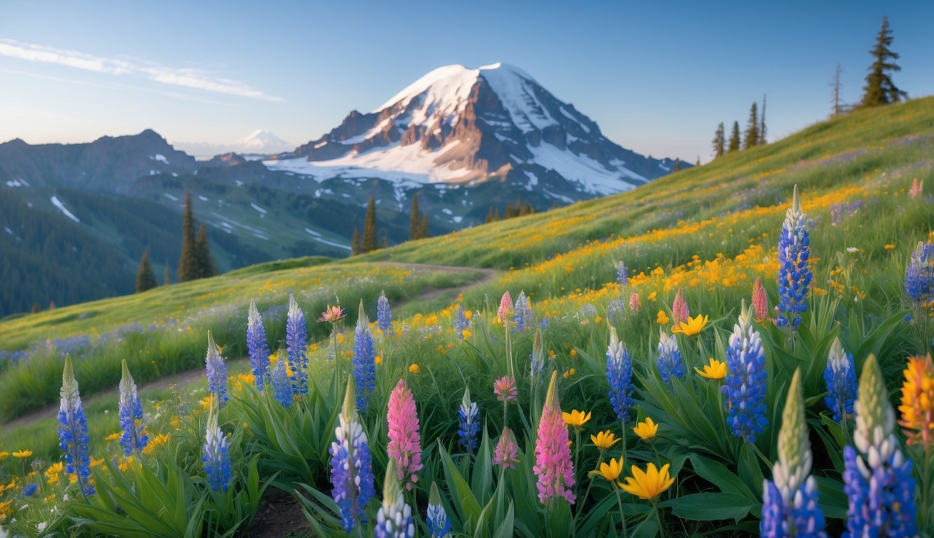 A colorful wildflower meadow with Mount Rainier's snow-capped peak in the background under a clear blue sky.