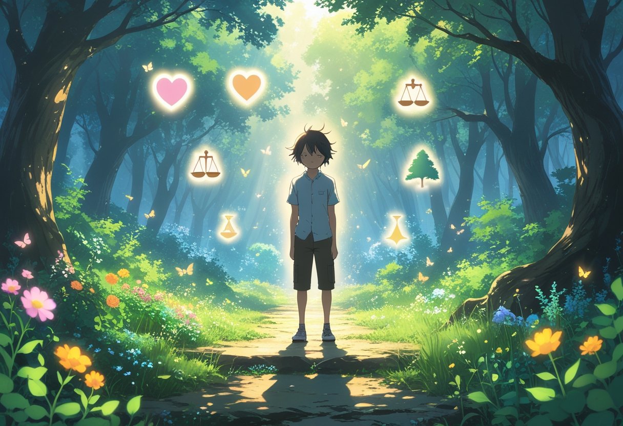 A person stands at a forest crossroads, surrounded by floating symbols representing values, looking thoughtfully at two different paths ahead—one bright and flourishing, the other dark and tangled.