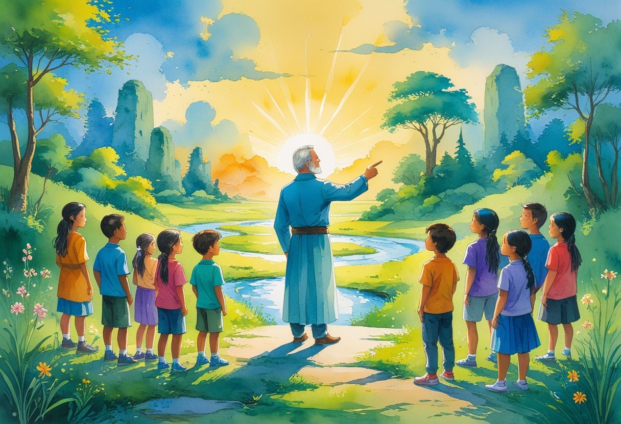 A leader stands at a crossroads pointing toward a bright sunrise as diverse children and young adults watch, surrounded by trees, rivers, and flowers.