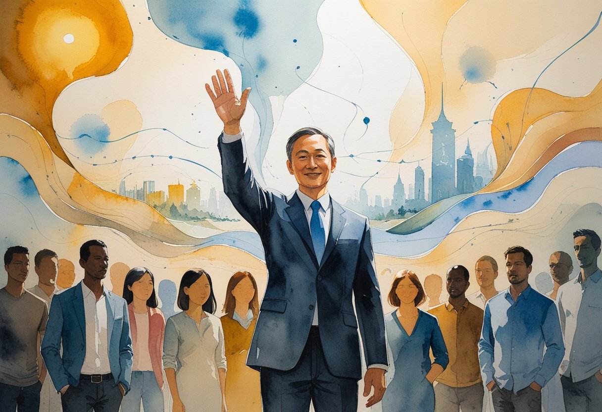 A leader stands before a group of people with an open hand, surrounded by flowing shapes and faint images representing ideas and stories shaping their world.