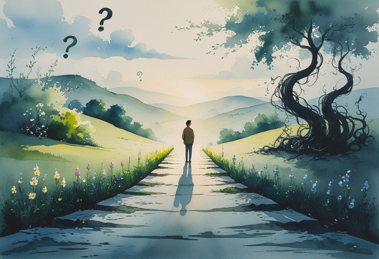 A person standing at a crossroads with one bright, flowery path and one dark, tangled path, looking toward the dark path, surrounded by soft hills and a cloudy sky.