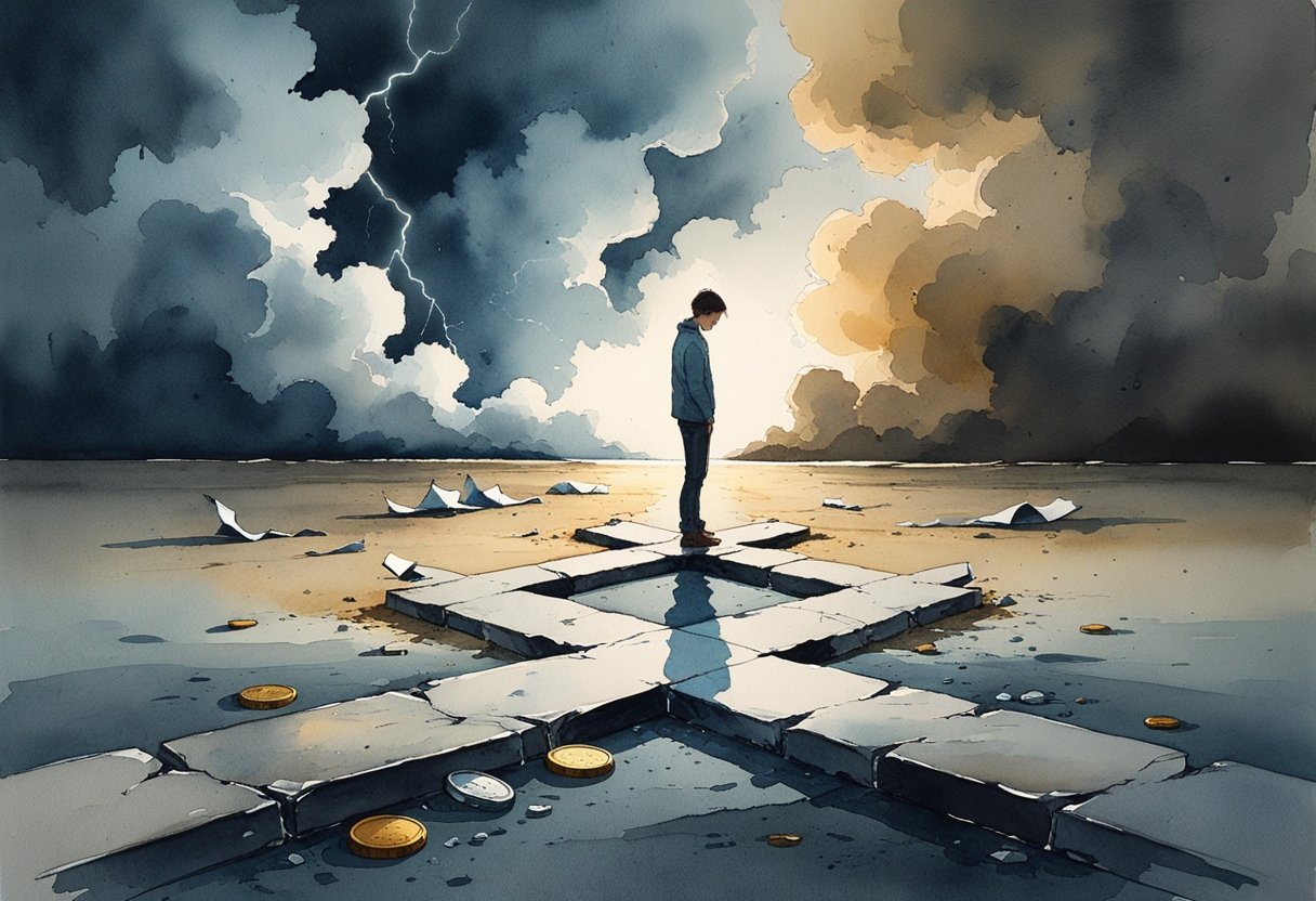 A person standing at a cracked crossroads surrounded by broken objects under a stormy sky, conveying a sense of regret and difficult decisions.