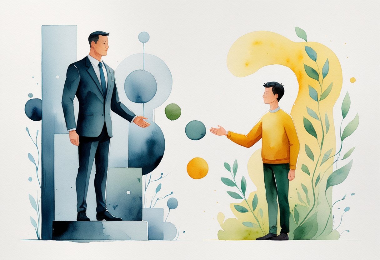 Two figures facing each other, one tall and formal on a raised platform, the other smaller and reaching out a hand, surrounded by contrasting cool and warm colors symbolizing authority and trust.