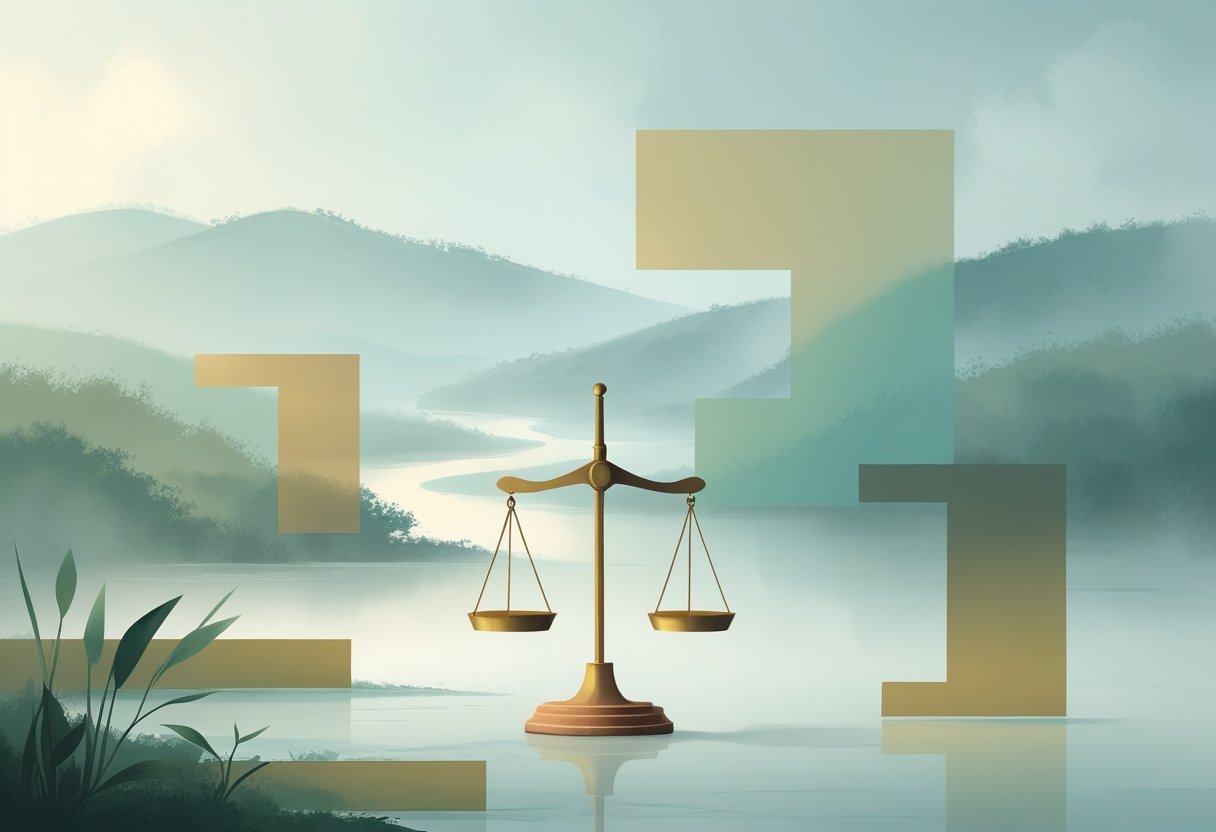 A balance scale surrounded by translucent geometric shapes set against a peaceful landscape with hills and a river.