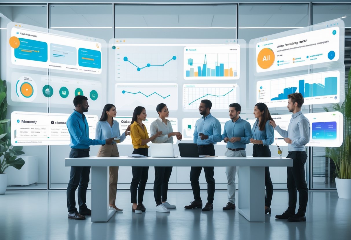 The Role of Job Boards in 2026: Effectiveness, Trends, and Remote Hiring Reality A group of diverse professionals working together around a desk with futuristic digital screens showing job search data and trends in a modern office.